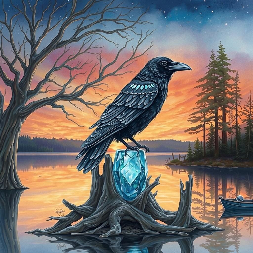 Bioluminescent Crystal Raven Watercolor Painting