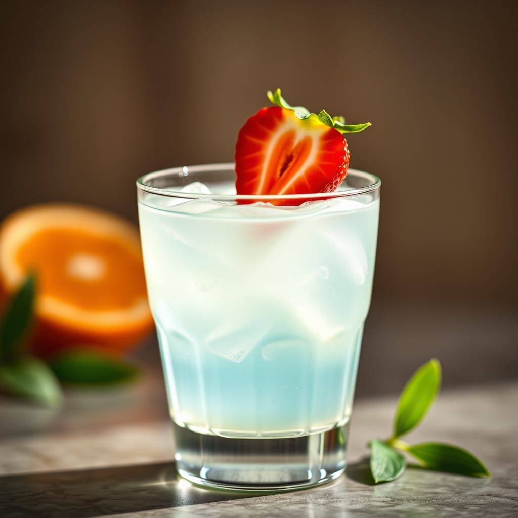 Pale blue with light swirls and a strawberry on the edge of the glass. The drink smells like a tangerine and tastes nice...