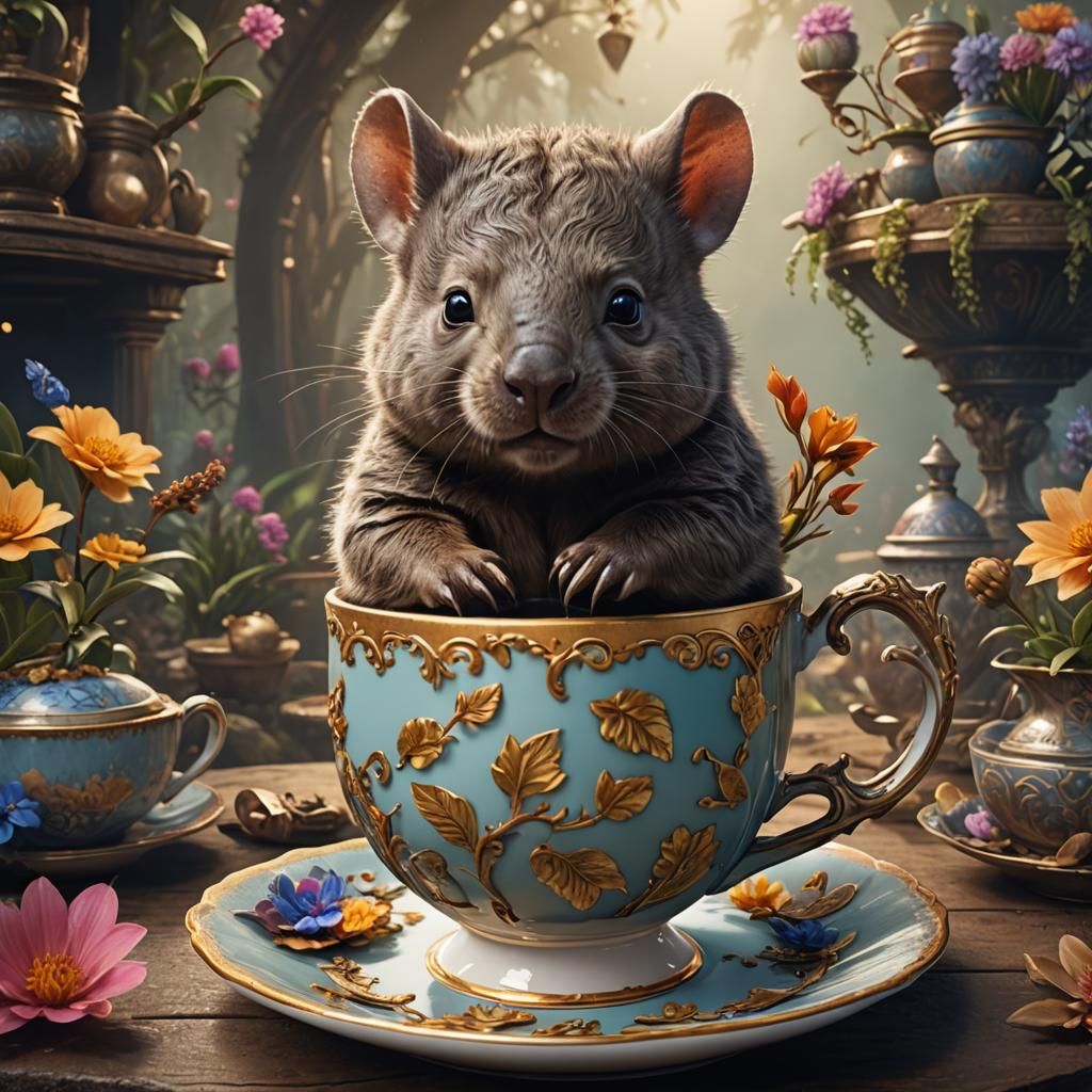 Baby Wombat in Teacup: Detailed Fantasy Art