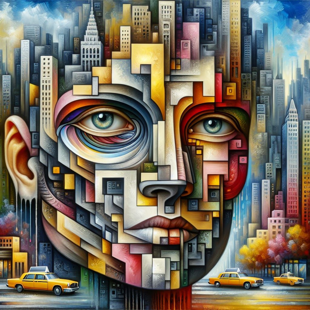 Futuristic Portrait Merging Face and Cityscape in Impasto St...
