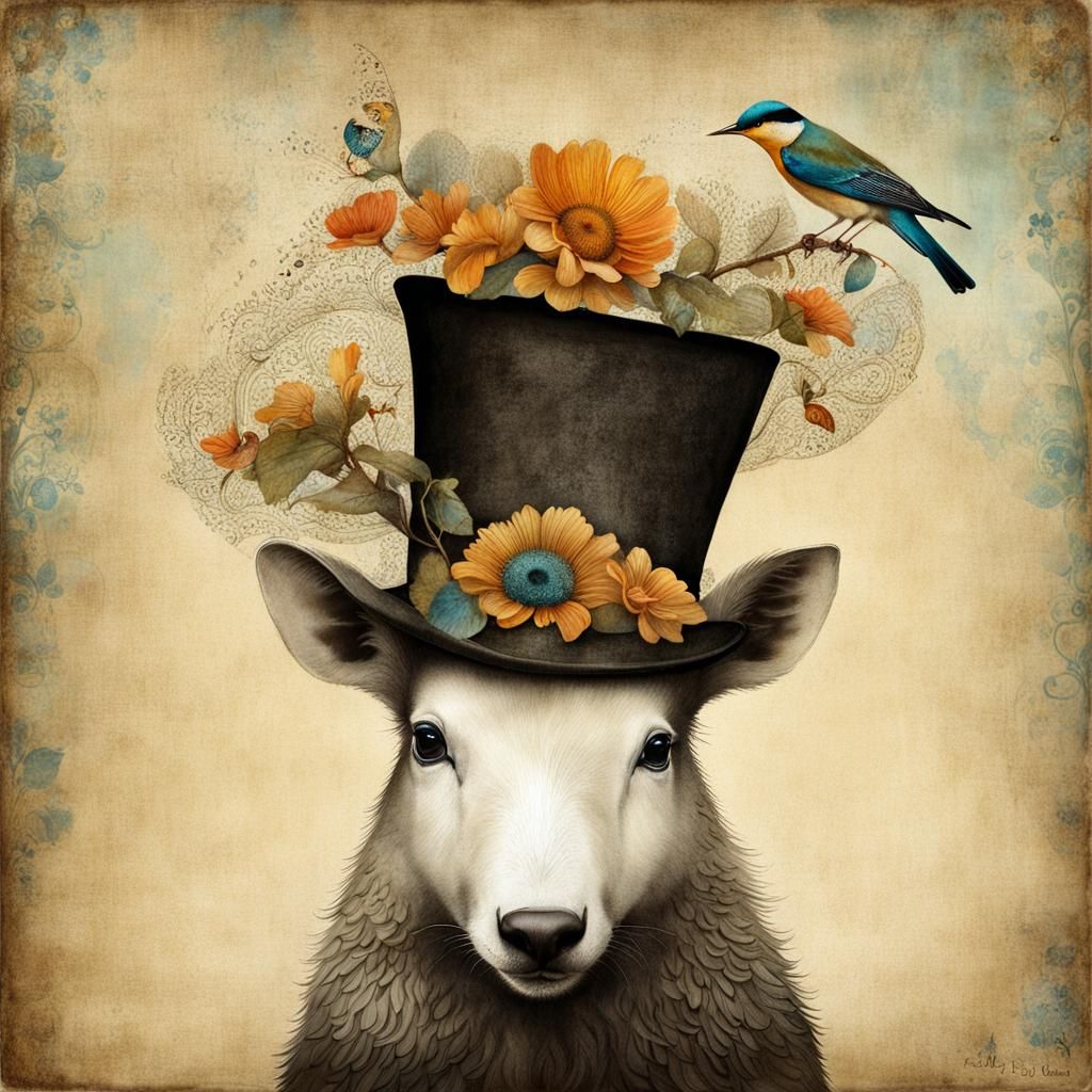 Whimsical Animal in Hat: Parchment Poster Art
