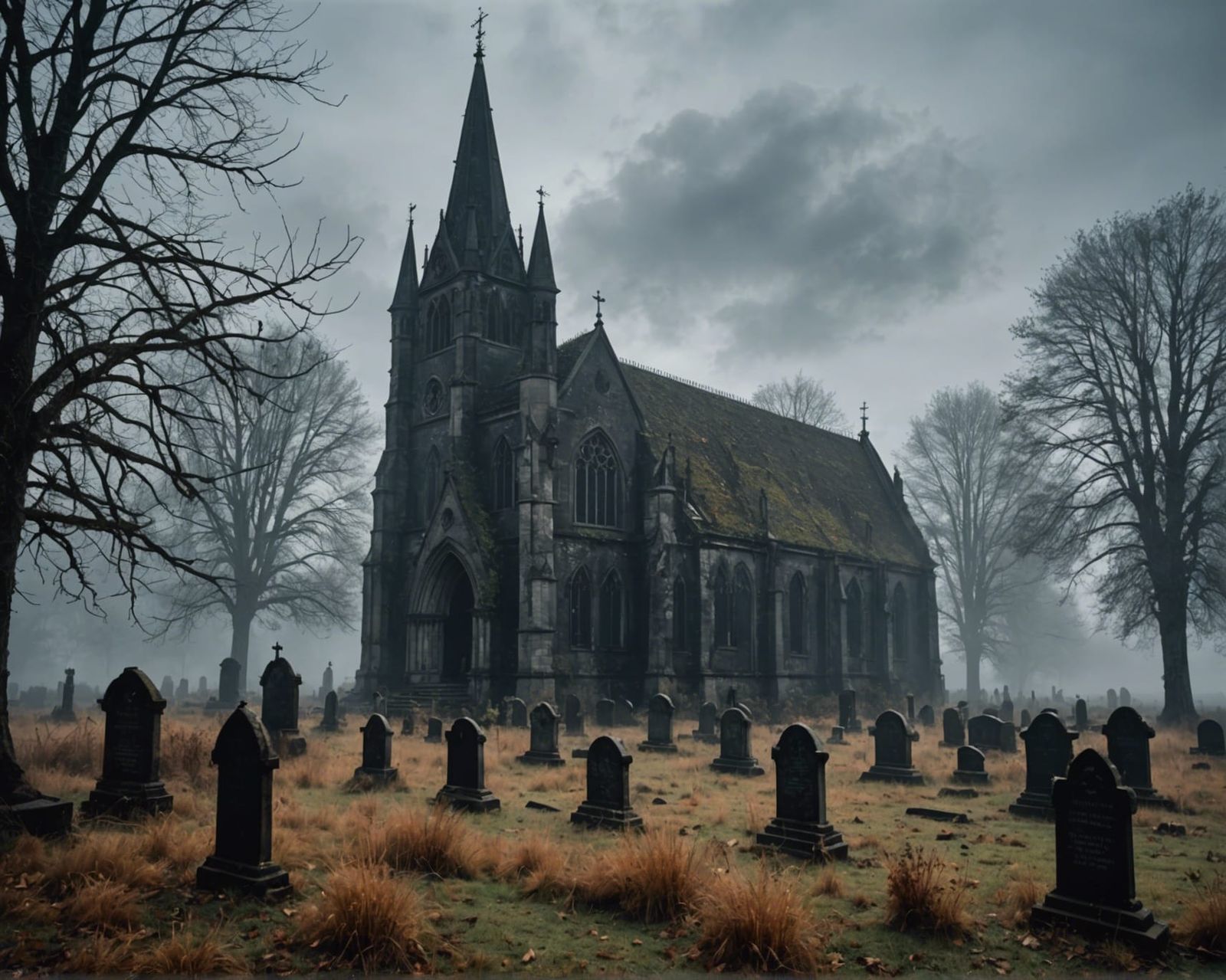 Abandoned Gothic Church Graveyard with Ghostly Figures