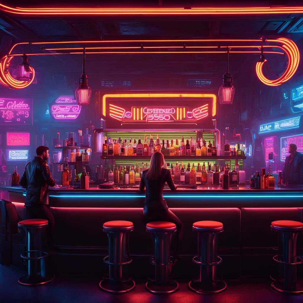 Cyberpunk Bartender in Neon Lit Nightclub