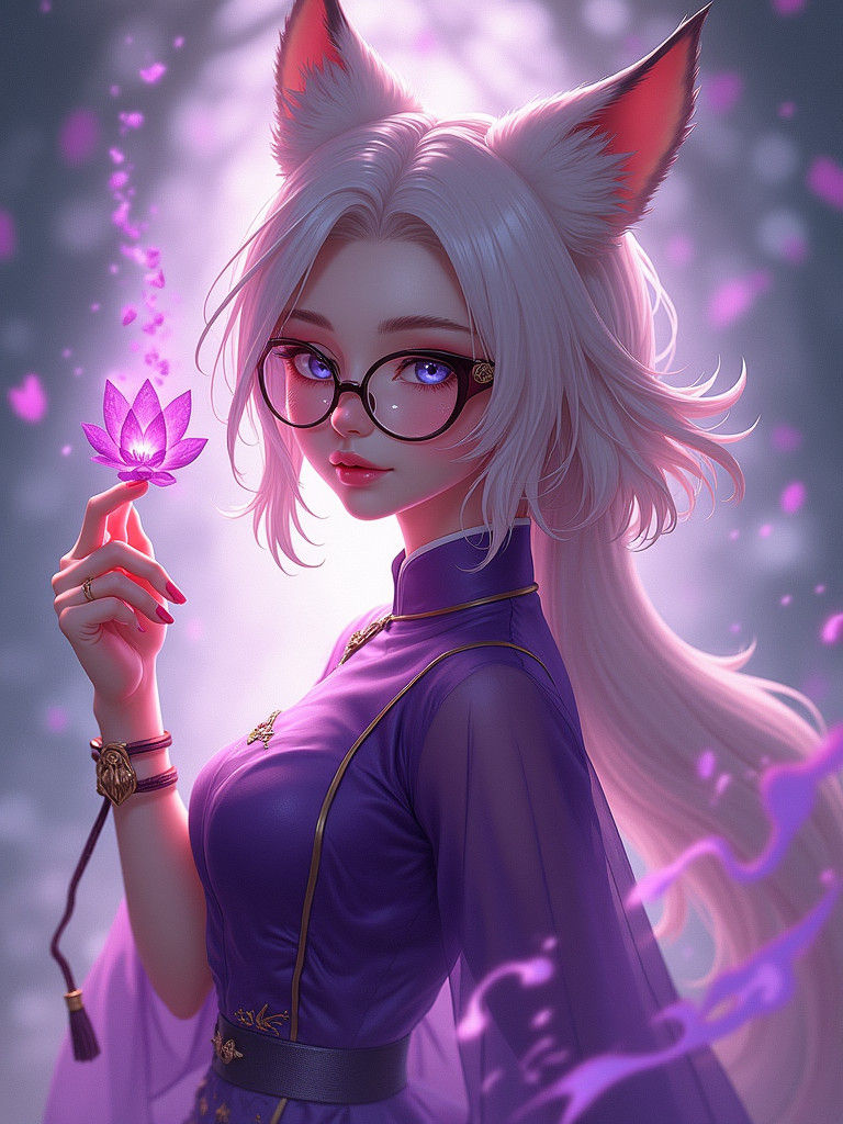 Fox Witch in Violet Cheongsam with Magic Motes