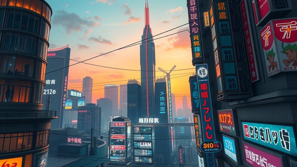 Vaporwave Cityscape with Neon Lights and Japanese Characters