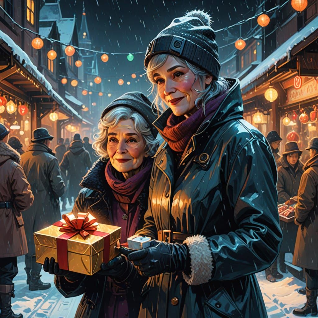 Vintage Christmas Scene with Smiling Couple in Traditional A...