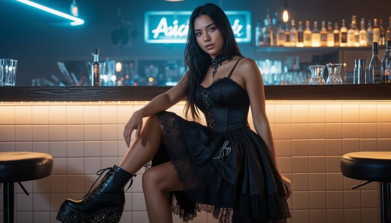 Young Woman in Gothic Dress and Platform Pumps