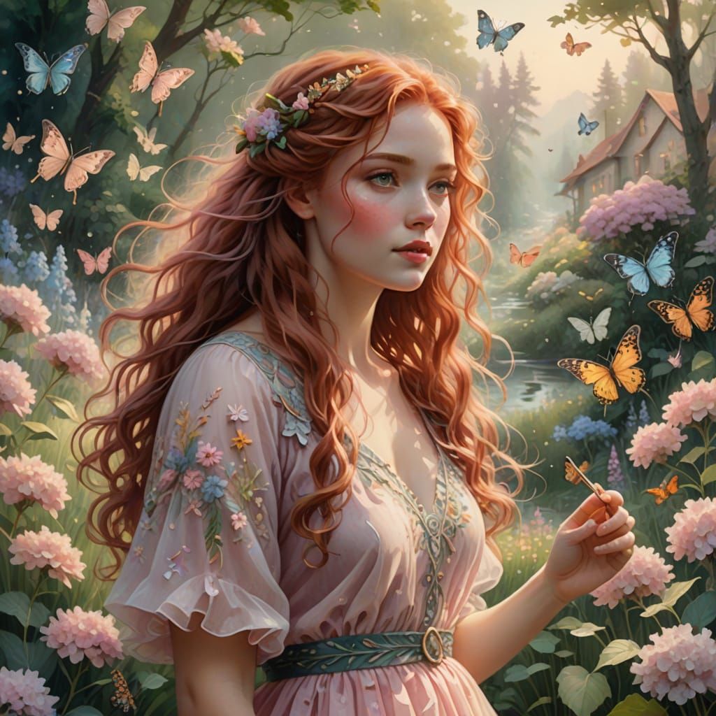 Whimsical Young Woman Stepping into a Vibrant Garden Scene