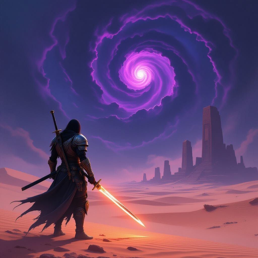 Dark Fantasy Warrior on Alien Planet with Glowing Katana