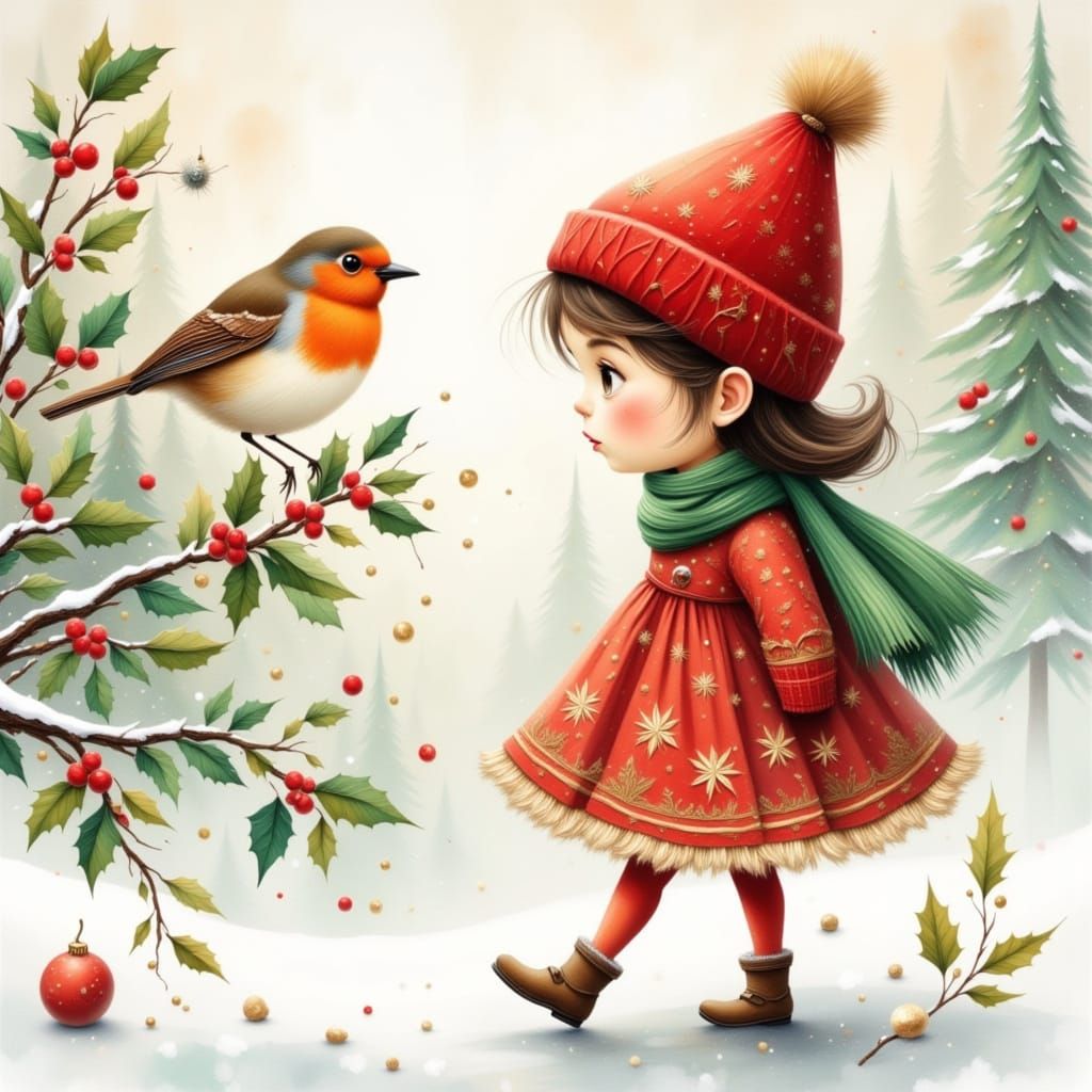 Whimsical Winter Girl Meets Robin in Snow