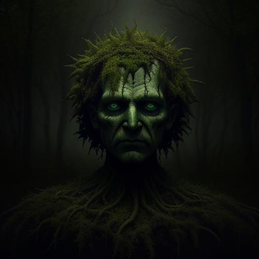 Eerie Green Man Statue in Dark Surrealism Style