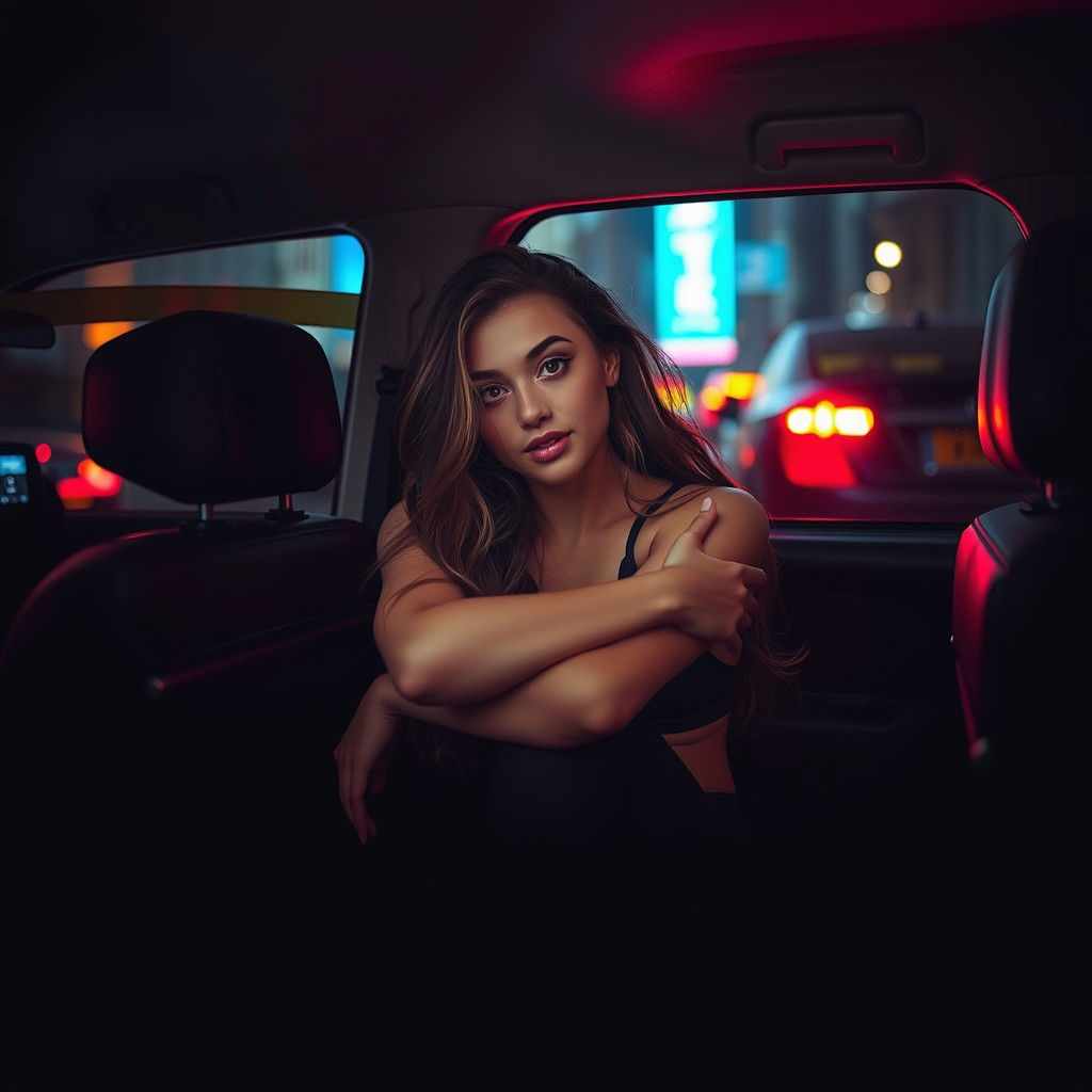 Neon Night Taxi: Woman Lost in Thought