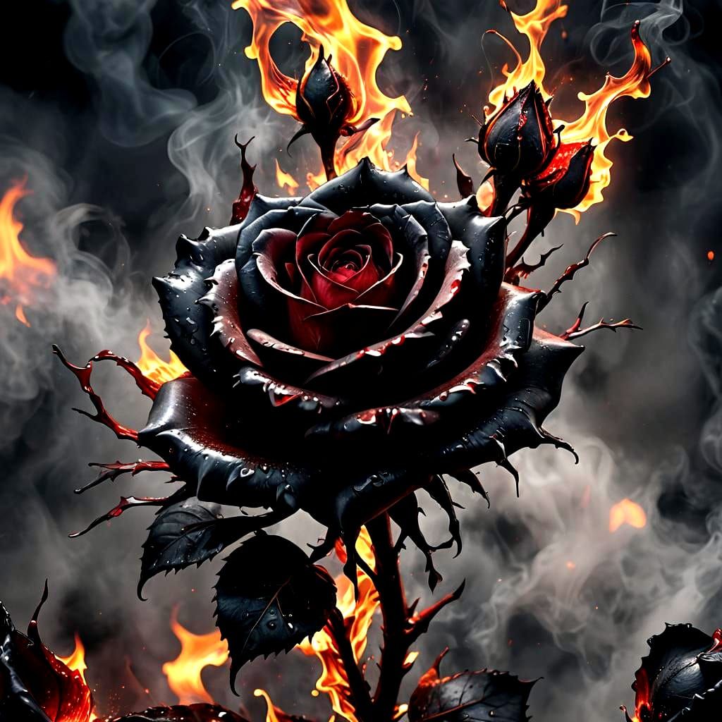 Fiery Black Rose: Hyperrealistic Flame-Engulfed Bloom