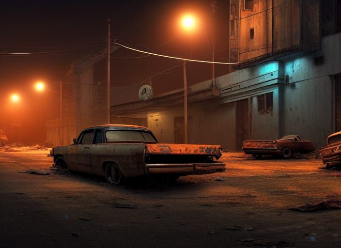 Night Roadside Scene with Abandoned Cars in Detailed Matte P...