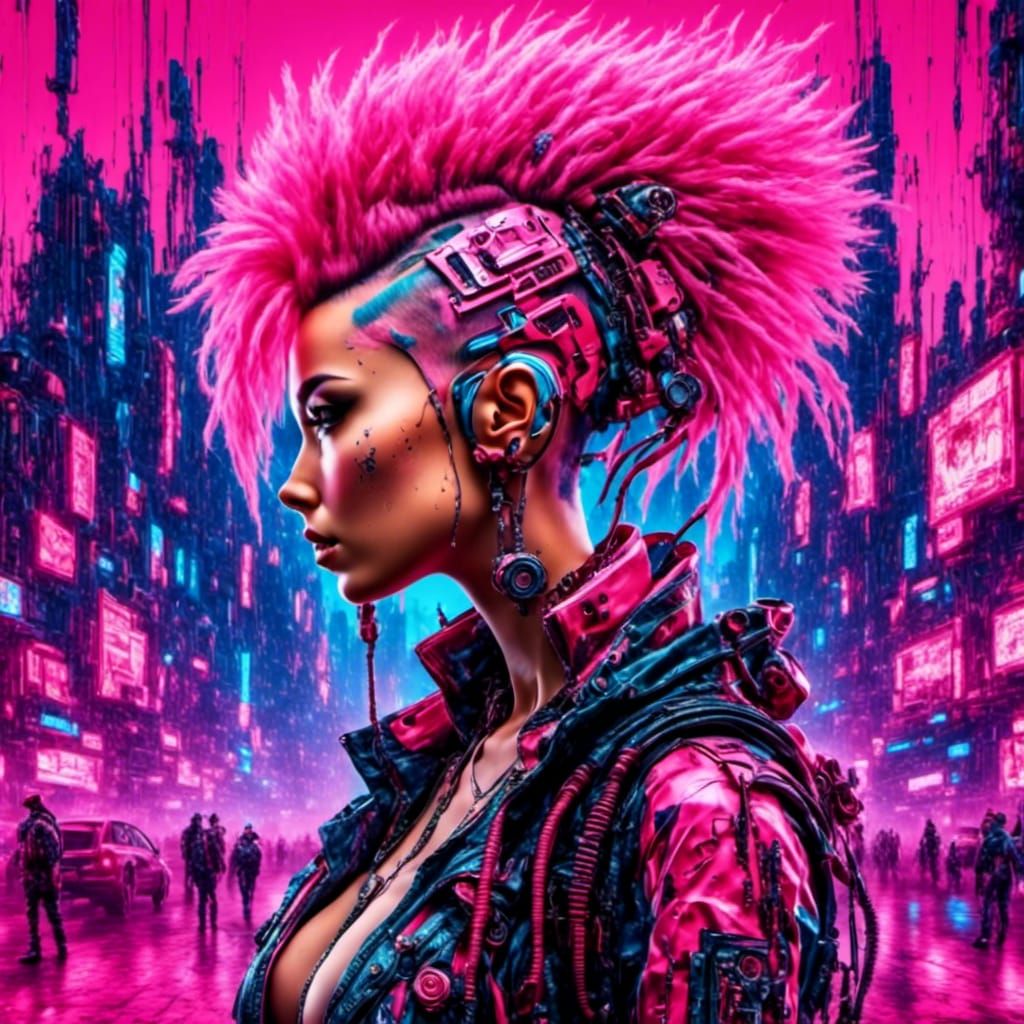 Cyberpunk Princess with Pink Mohawk in Dystopian City
