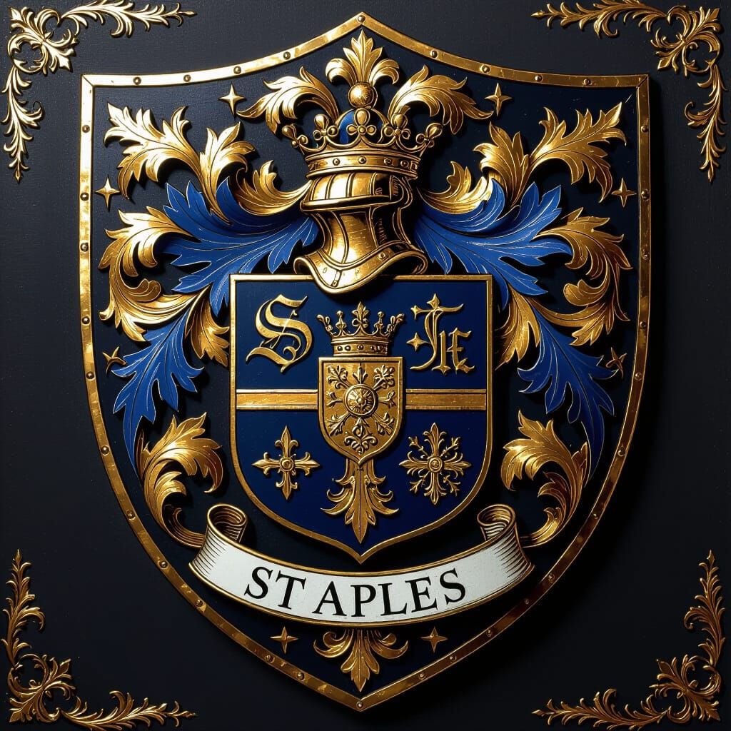 Intricate English Heraldic Shield with Staples Family Crest
