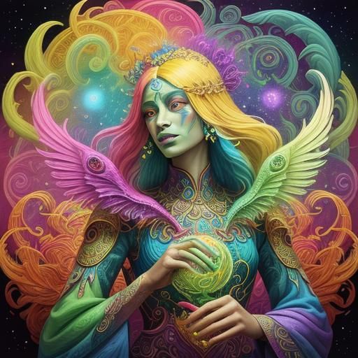 Dragon Peacock Woman in Cosmic Surrealism Style