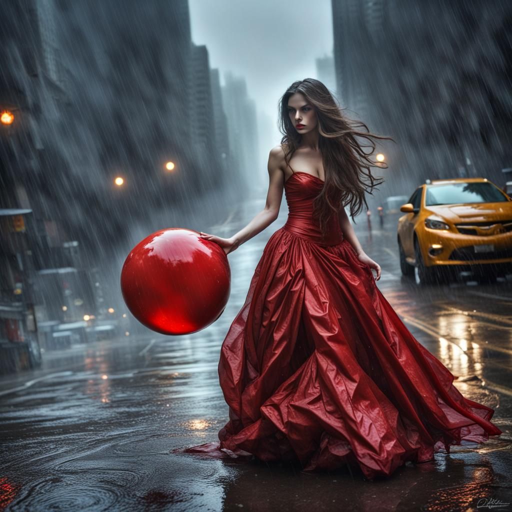 Woman in Red Ball Gown in Rainy Gotham