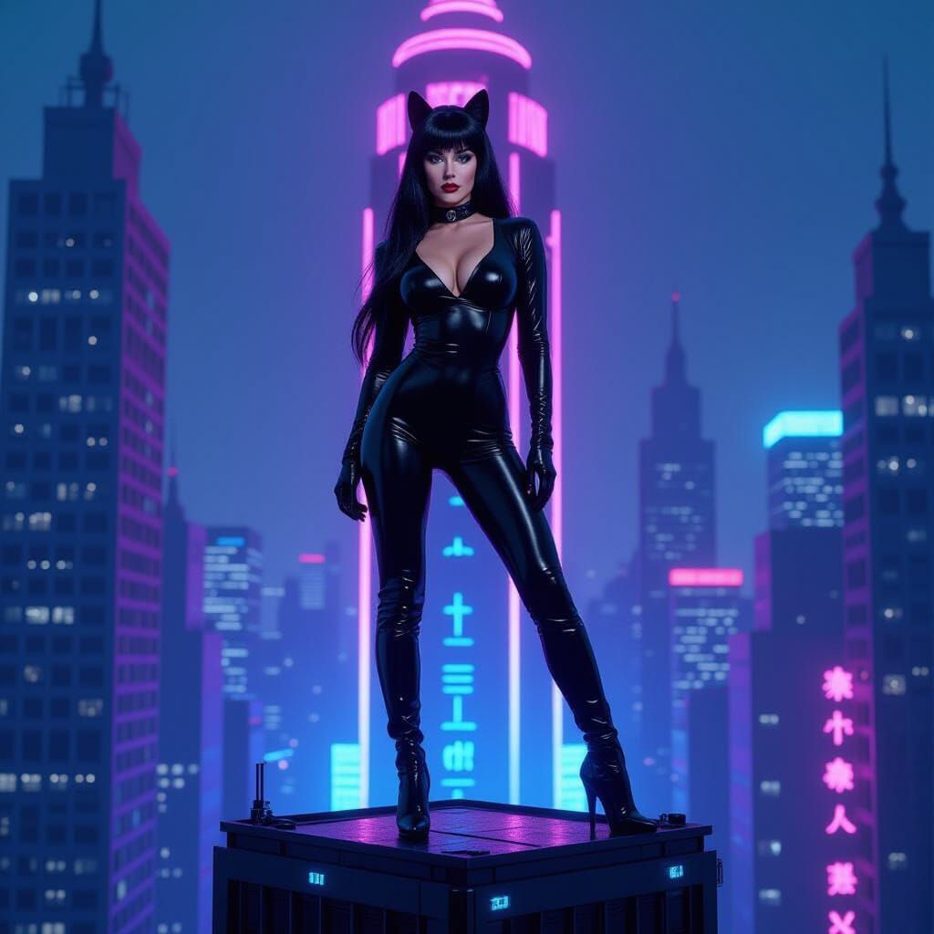 Elvira in Cyberpunk Metropolis with Neon Accents