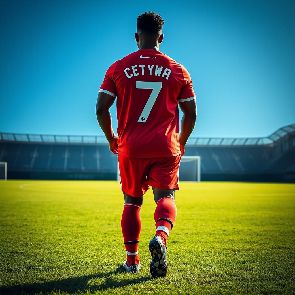 Muscular Soccer Player in Vibrant Crimson Jersey on Sunlit F...