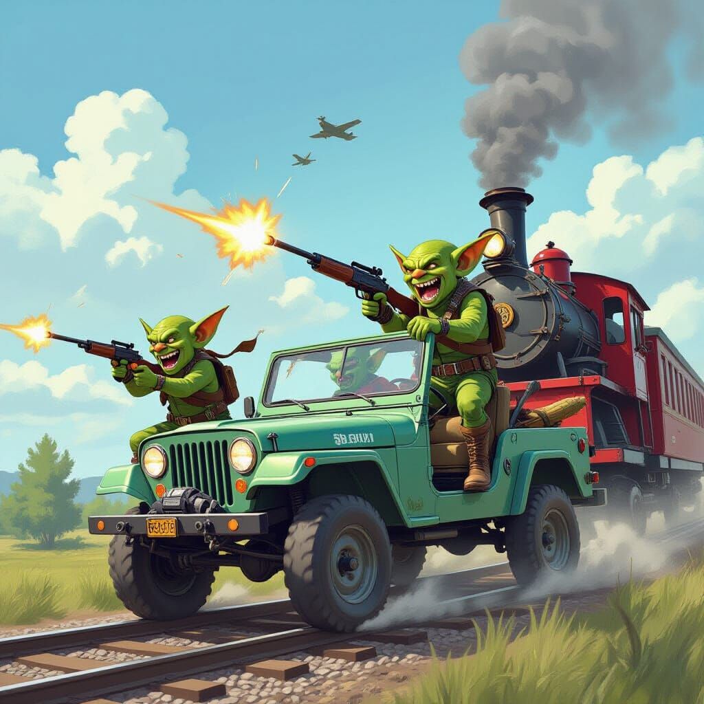 Goblins Chase Train in Whimsical Fantasy Art