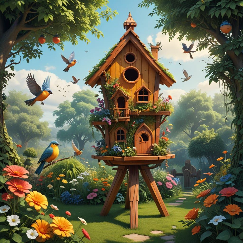 Enchanted Birdhouse Village in Lush Garden