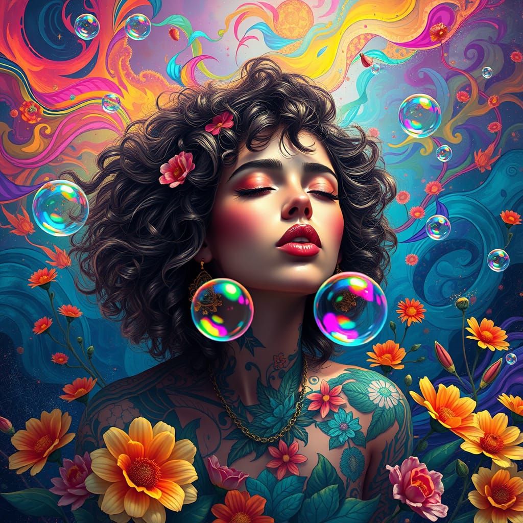 Free-Spirited Woman in Whimsical Fantasy Landscape
