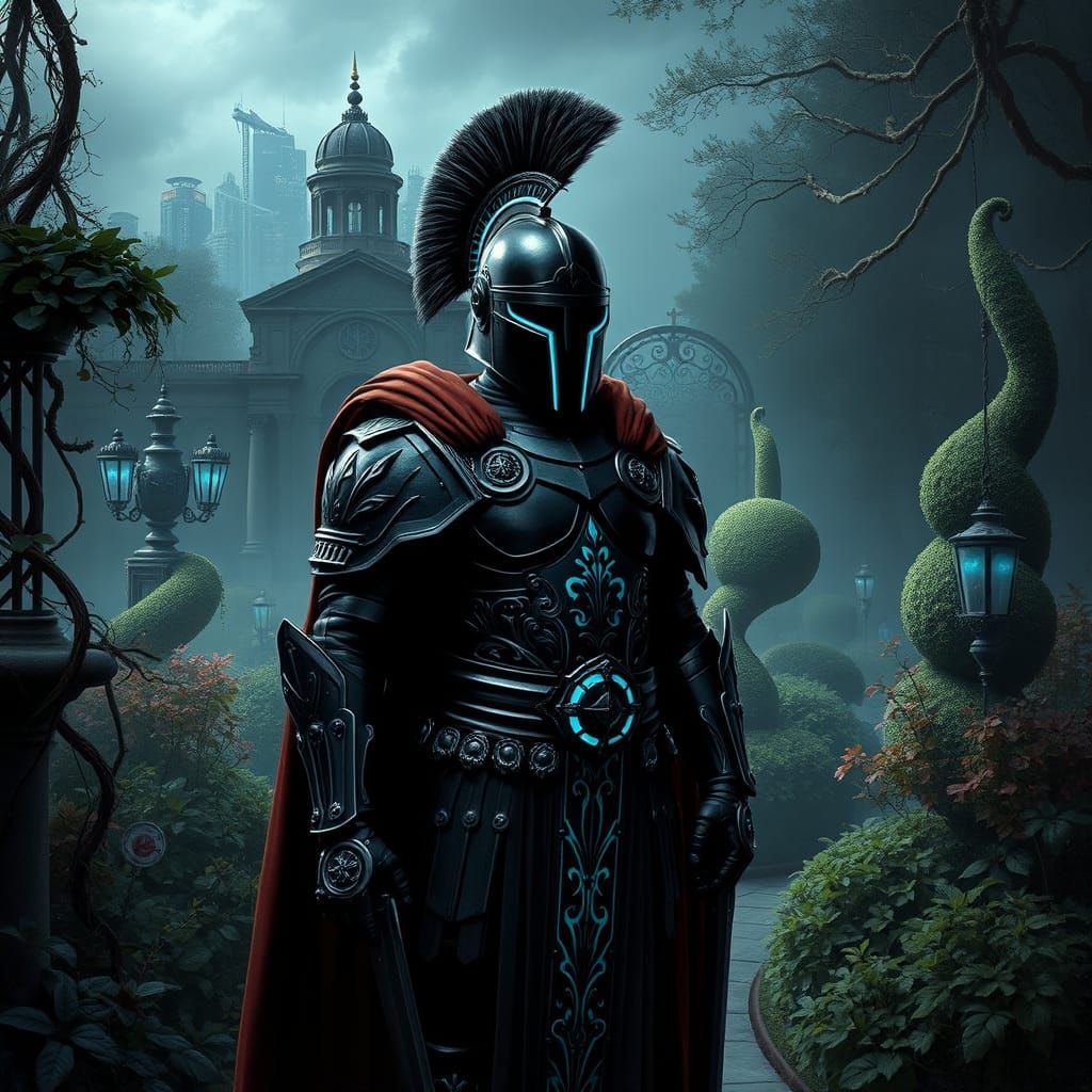 Roman Praetorian Guard in Neon-Lit Armor, Chiaroscuro Lighti...