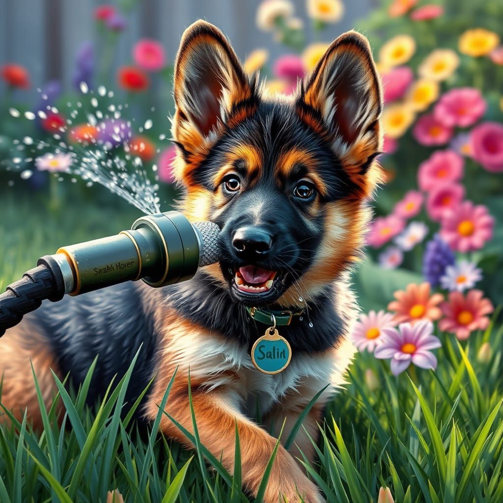 A whimsical fantastical image of a a sable German Shepherd p...