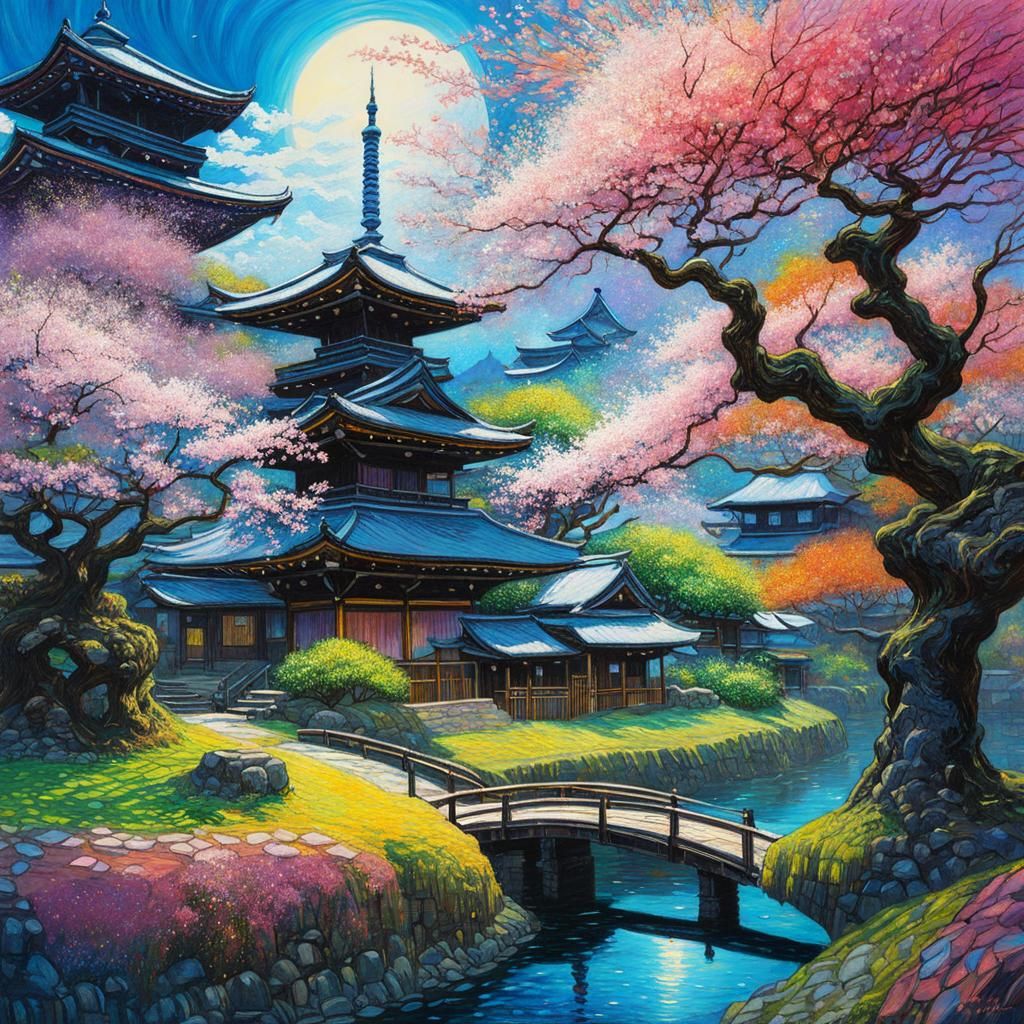 Holographic Astral Japan Village in Expressionist Style