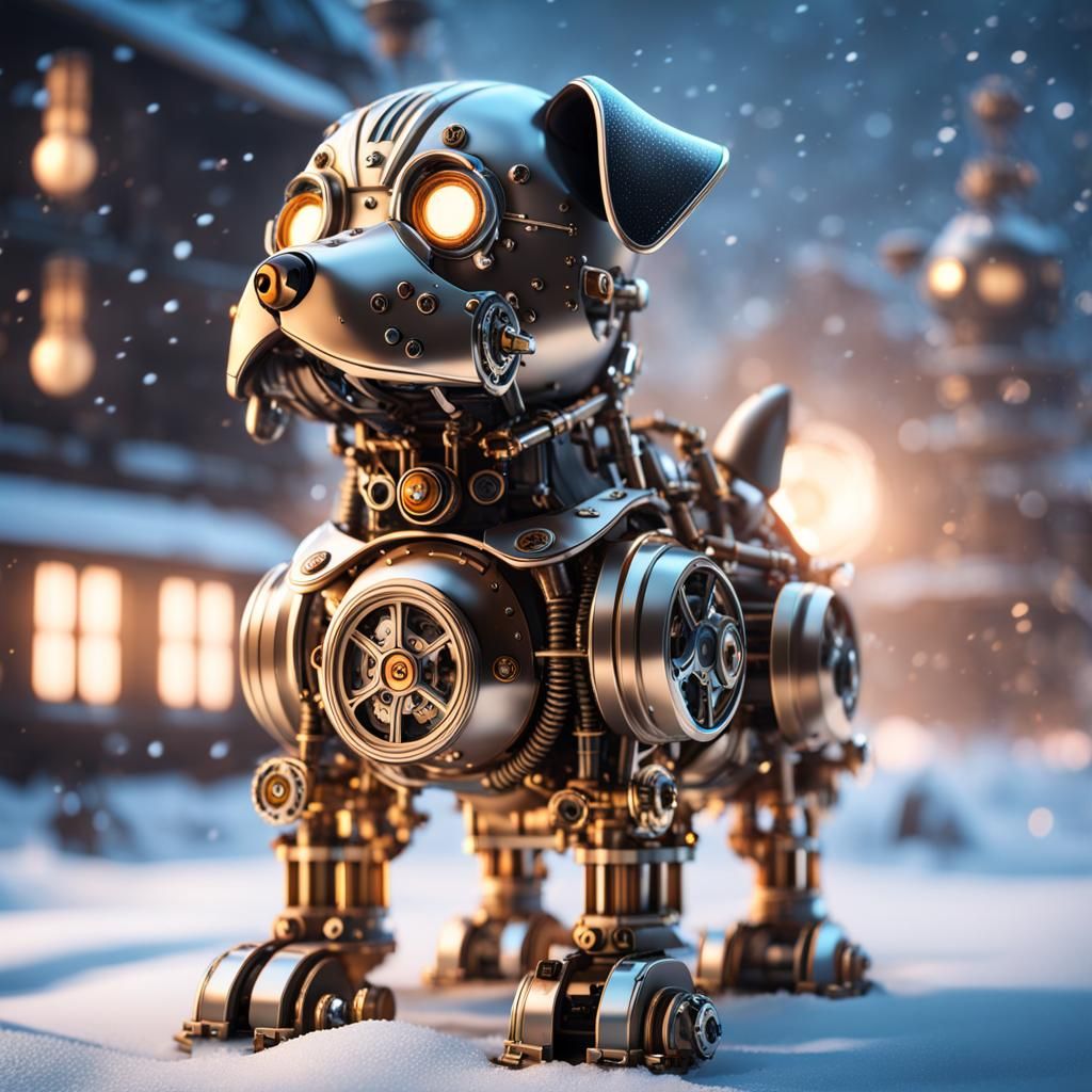 Steampunk Engine and Cute Dog in Winter Wonderland