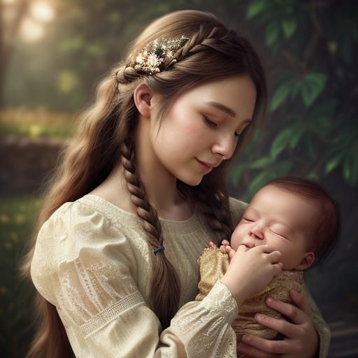 Loving Mother and Baby Portrait in Whimsical Style