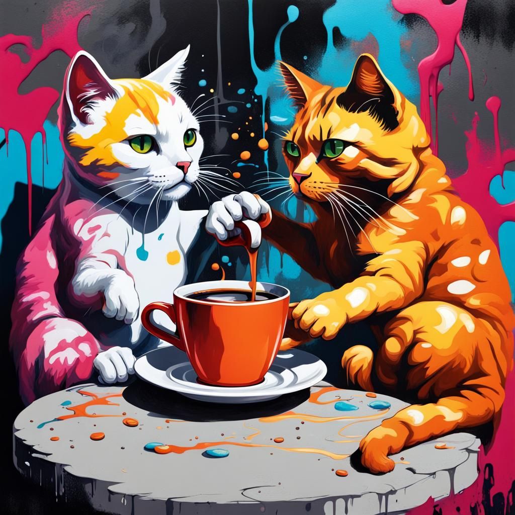 Colorful Cats Enjoying Coffee in Graffiti Art Style