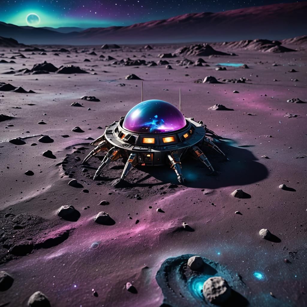 Miniature Alien Spaceship on Moon in Hyper-Realistic Style