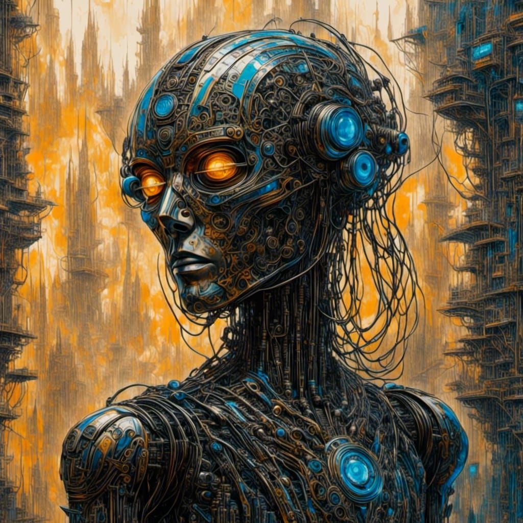 Neon-Lit Robot Interior in Futuristic Cityscape