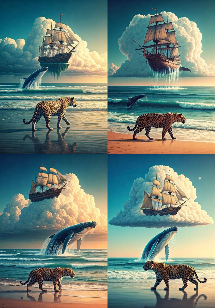 Surreal Animation: Jaguar, Whale, and Floating Galleon