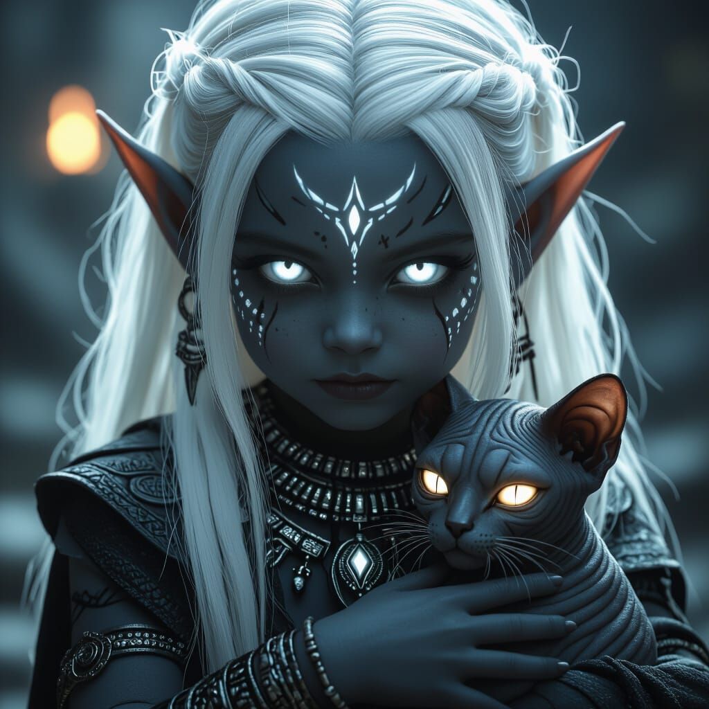Baby Dark Elf Girl with Demon Cat, Dark Fantasy Film Still