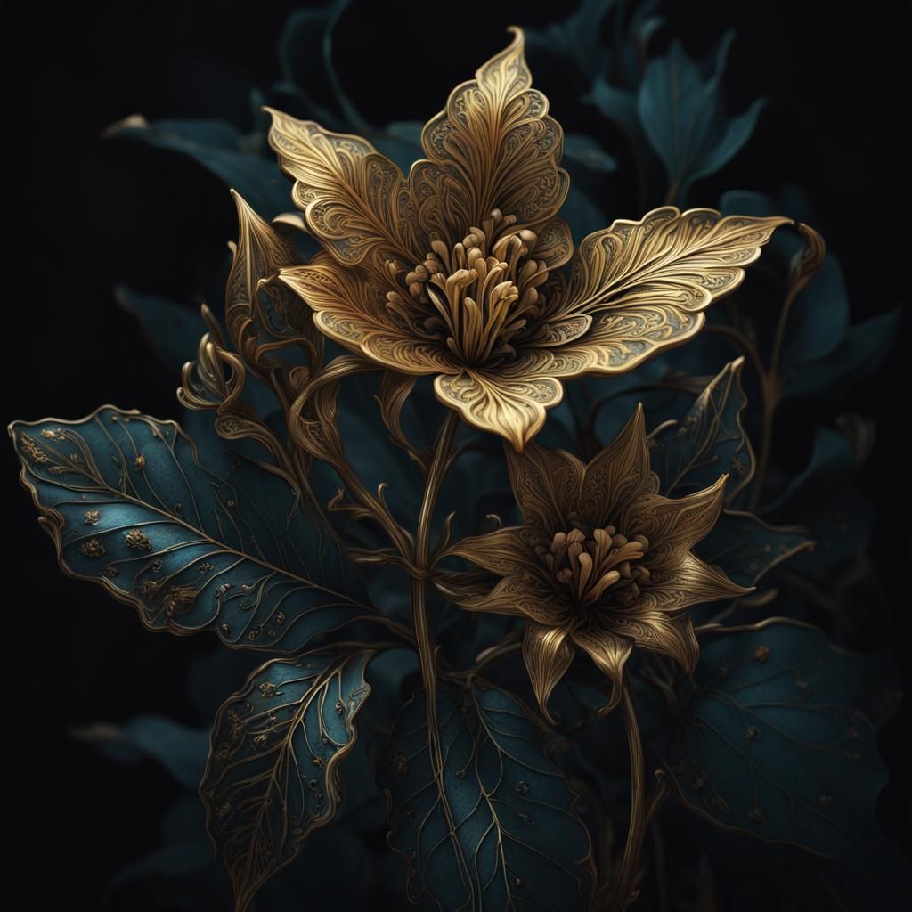 Enamel Botanical Illustration with Gilded Filigree Accents