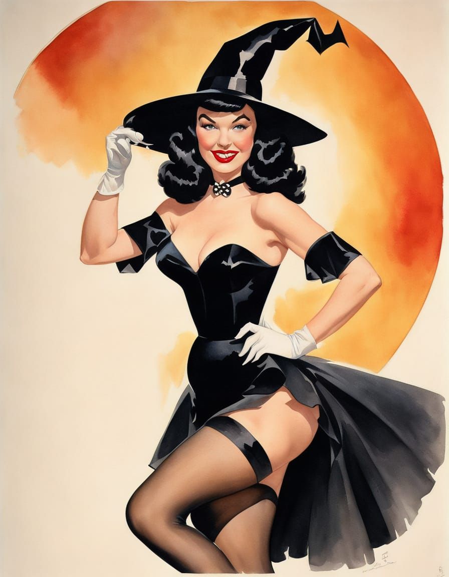 Bettie Page as a Halloween Witch in Watercolor Style