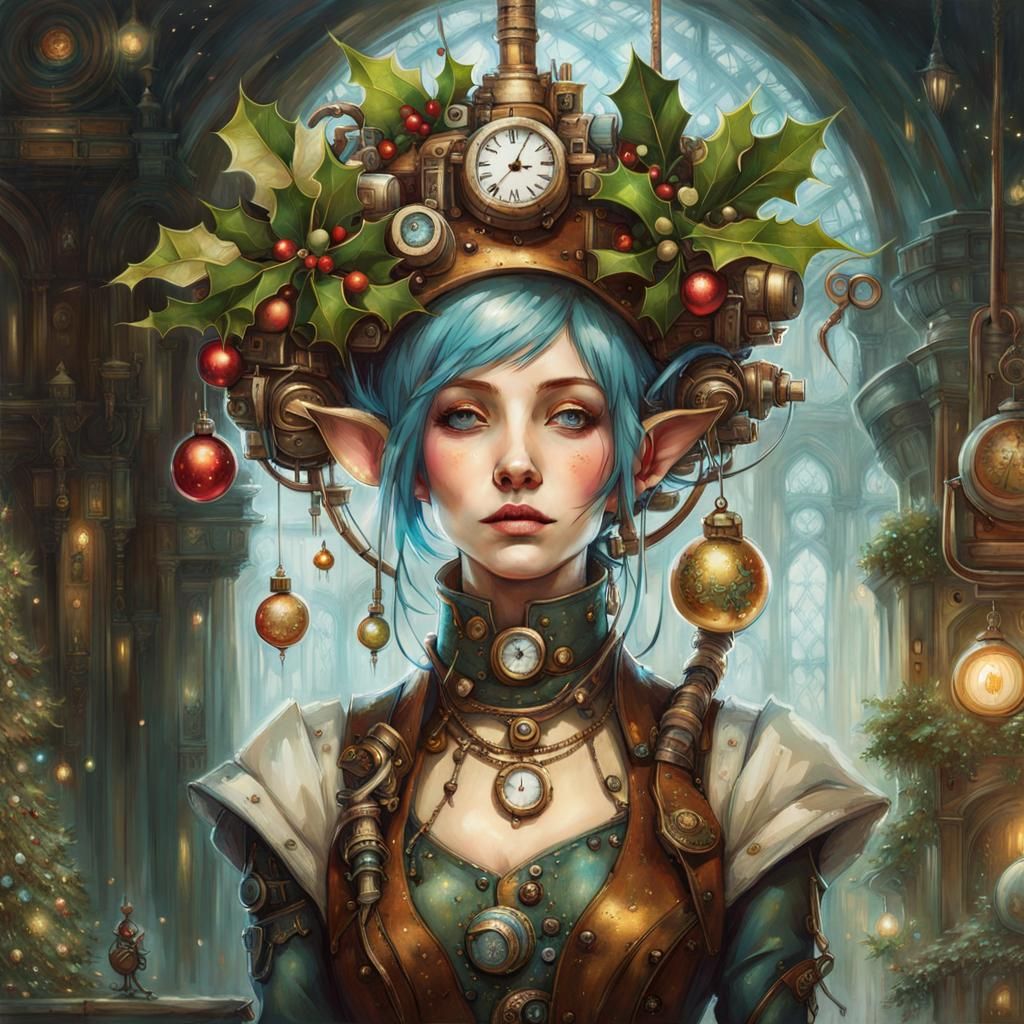Steampunk Elf Portrait with Christmas Decorations