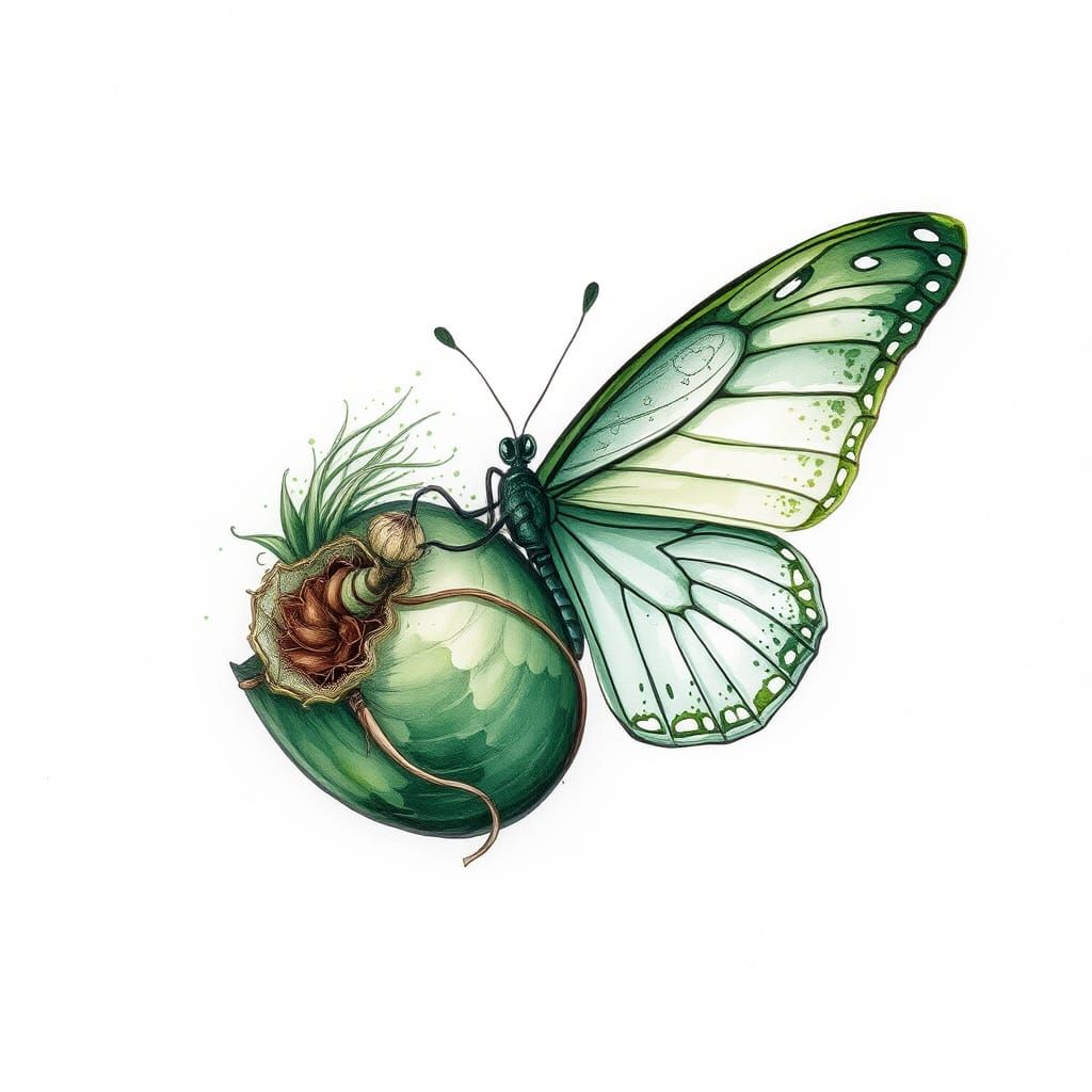 Aquarela of an emerging butterfly in variant tones of green....