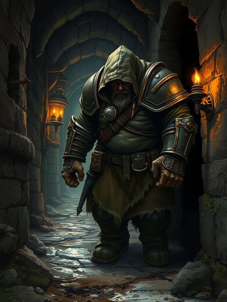 Sneaky Giant Rogue in Gritty Dungeon Corridor