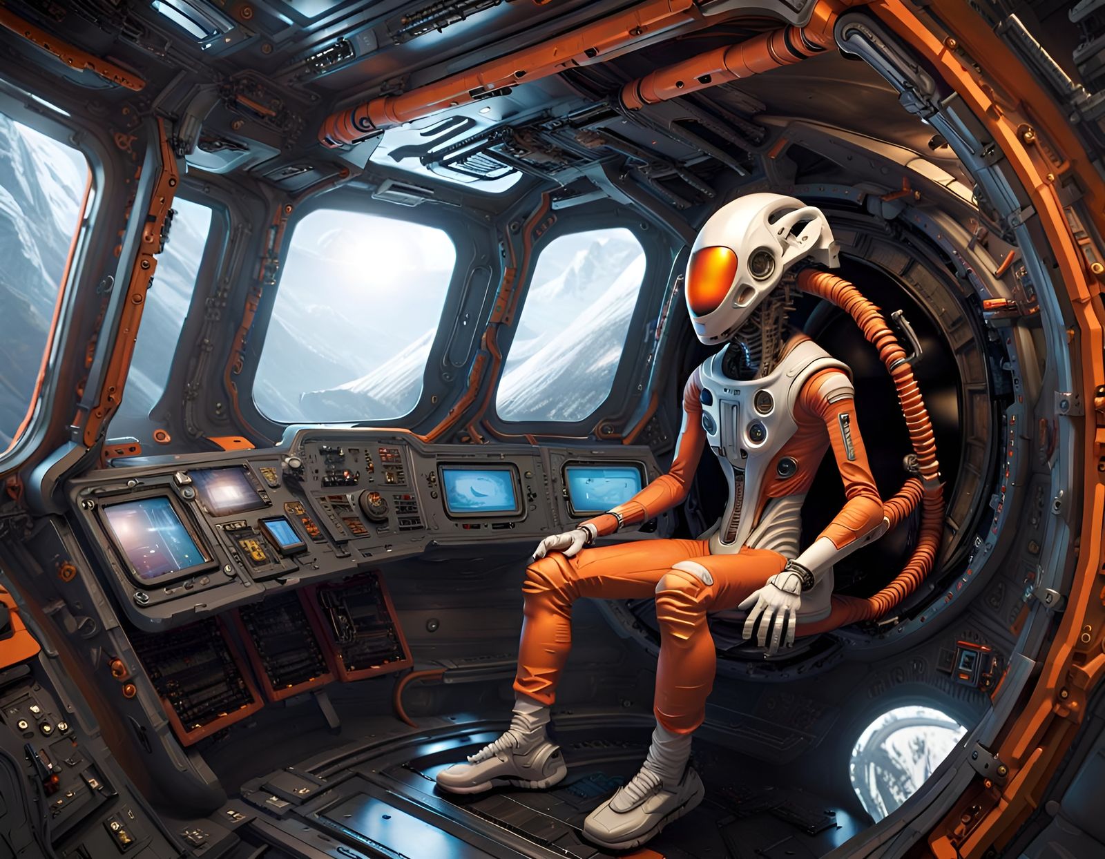 Biomechanical Alien in Spaceship, Steampunk Style