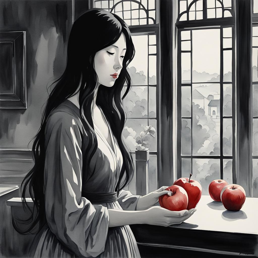 Girl in Grayscale Eating Red Apple, Digital Art