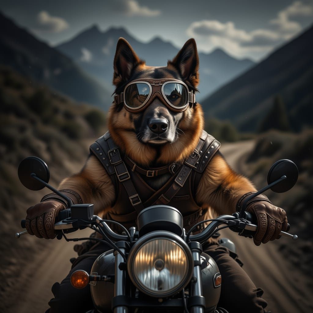Dog Rider on Mountain Trail in Hyperrealistic Style