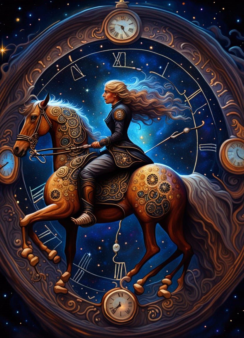 Horse Rider Astride Time with Galaxy Clocks