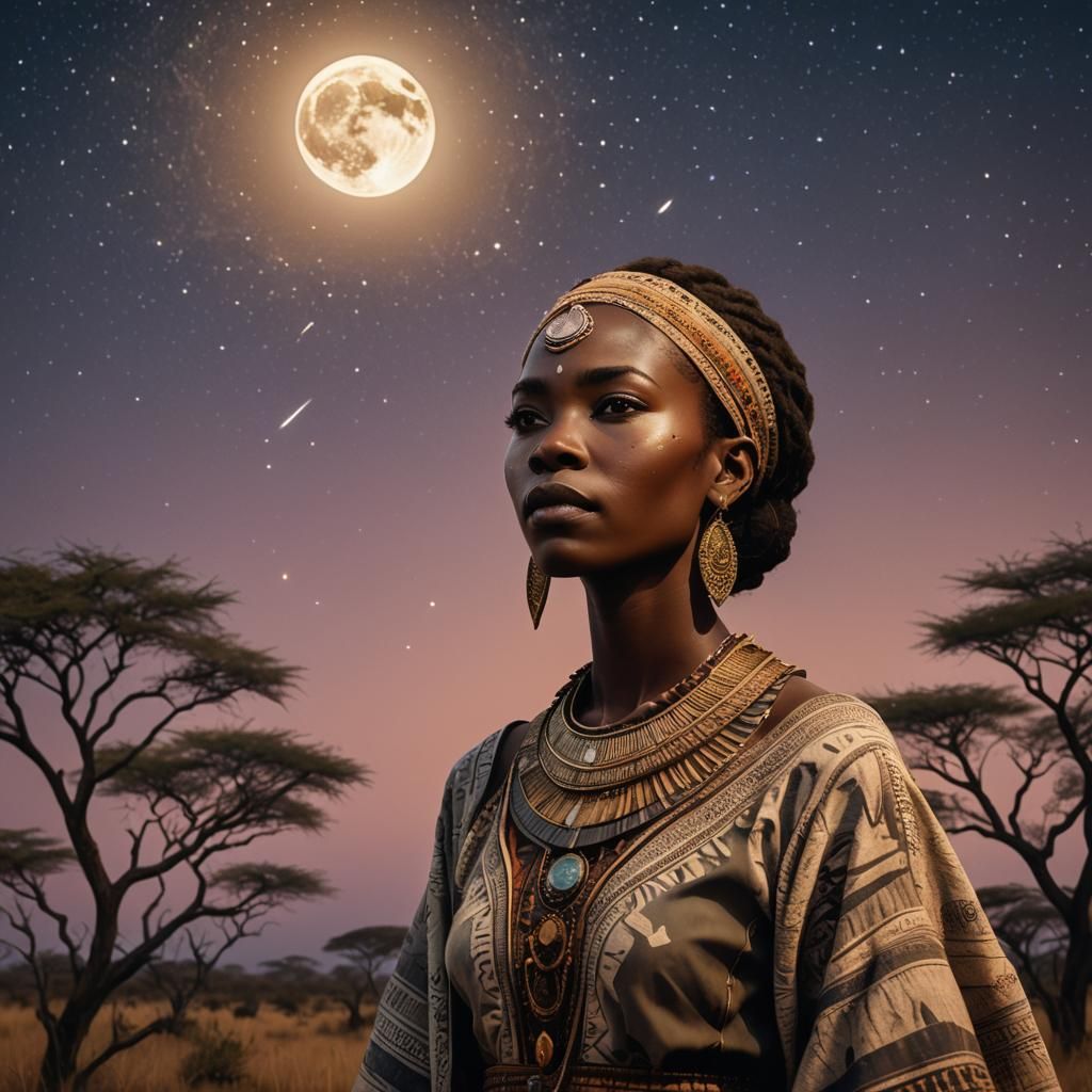African Woman Stargazing in Fantasy Landscape