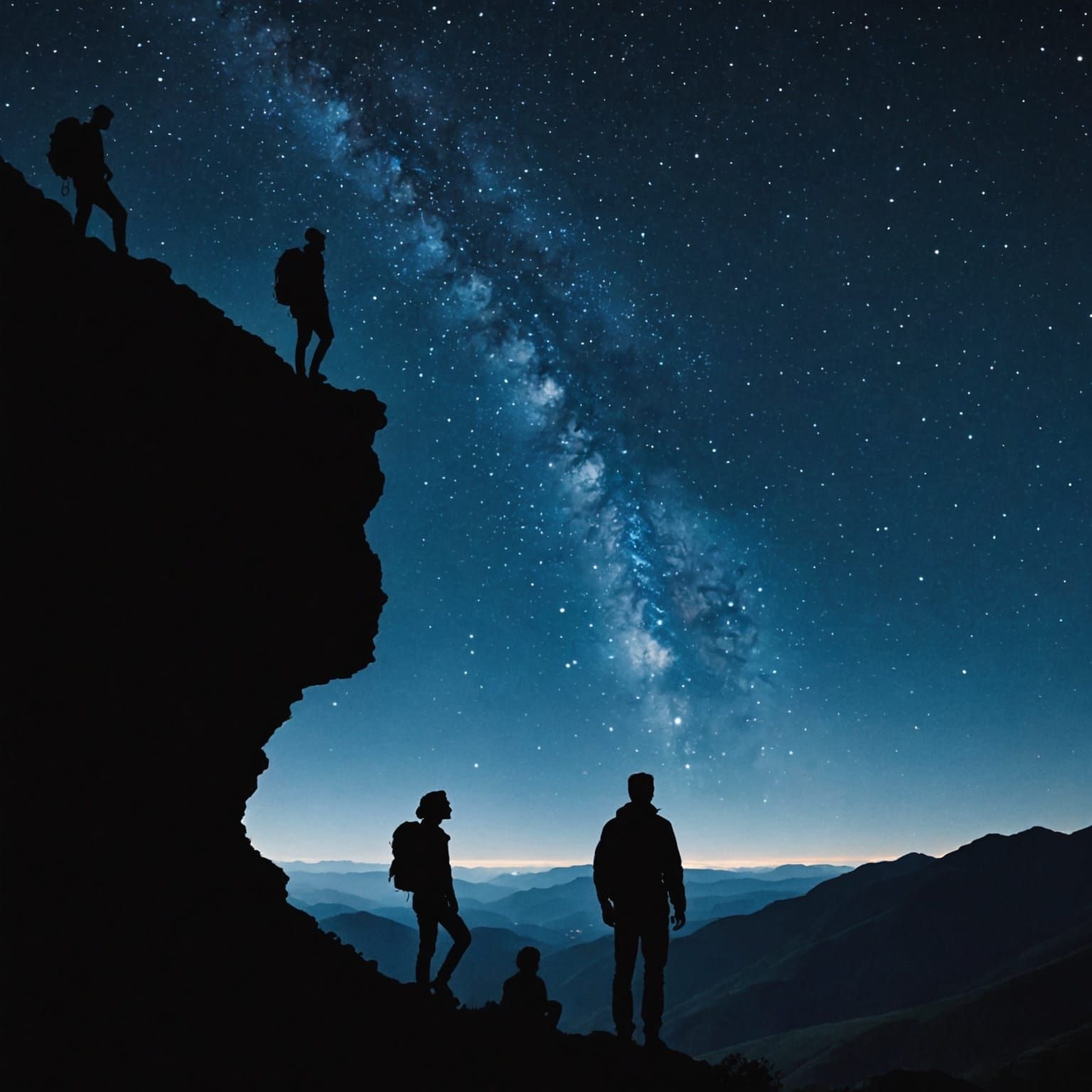 Silhouetted Family Climbing Ridge Under Starry Night