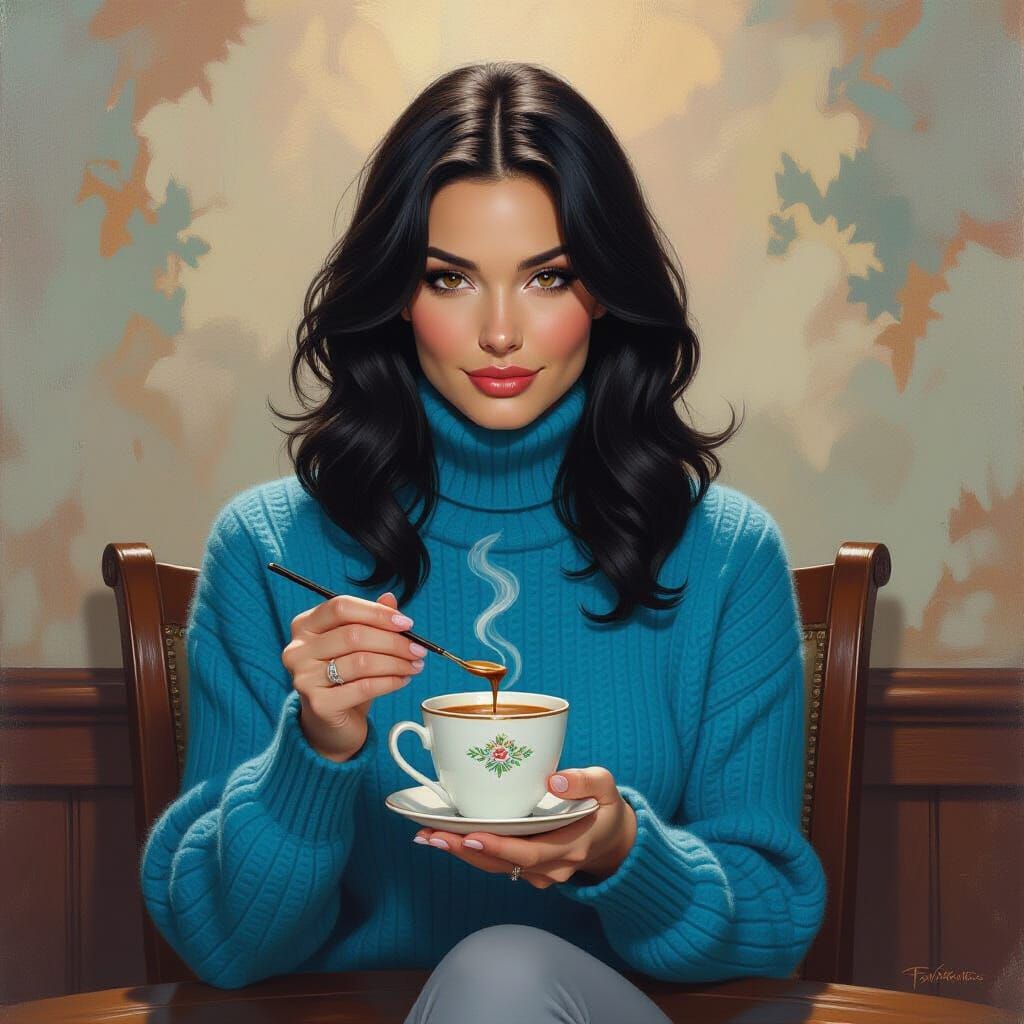 Fantasy Oil Painting of Woman Stirring Coffee