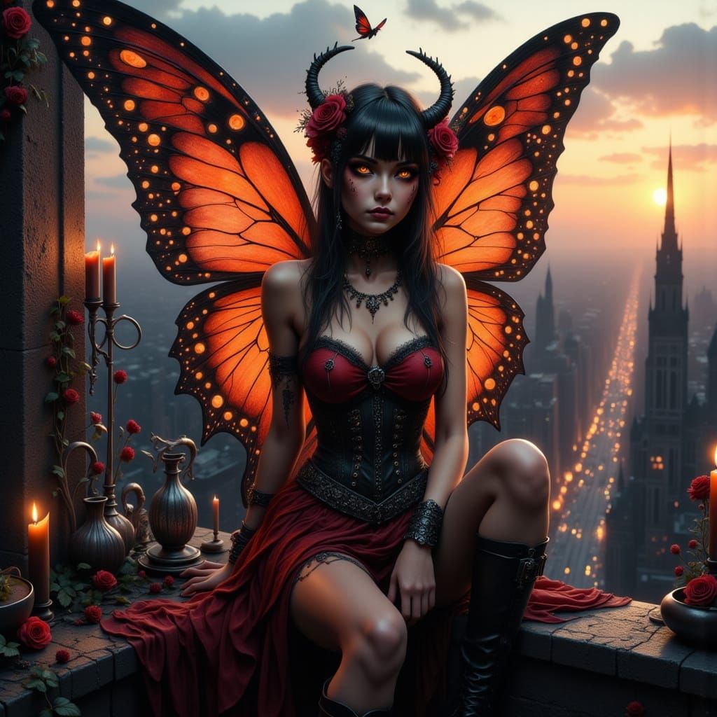 Gothic Fairy with Fiery Wings on Balcony